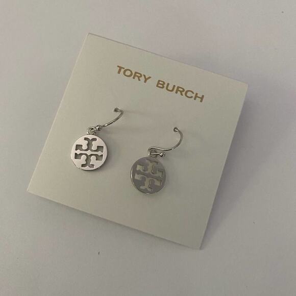 New Tory Burch Silver French Wire Logo Earings - Picture 3 of 5